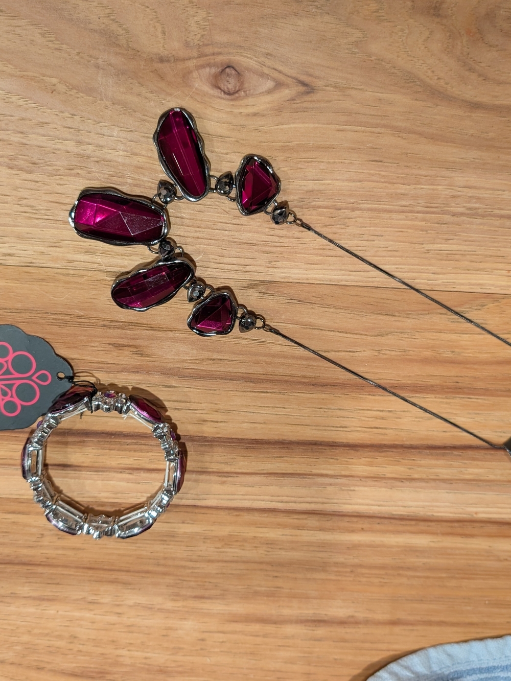 Women's Silvertone Necklace & Bracelet Set with Deep Raspberry Gemstones